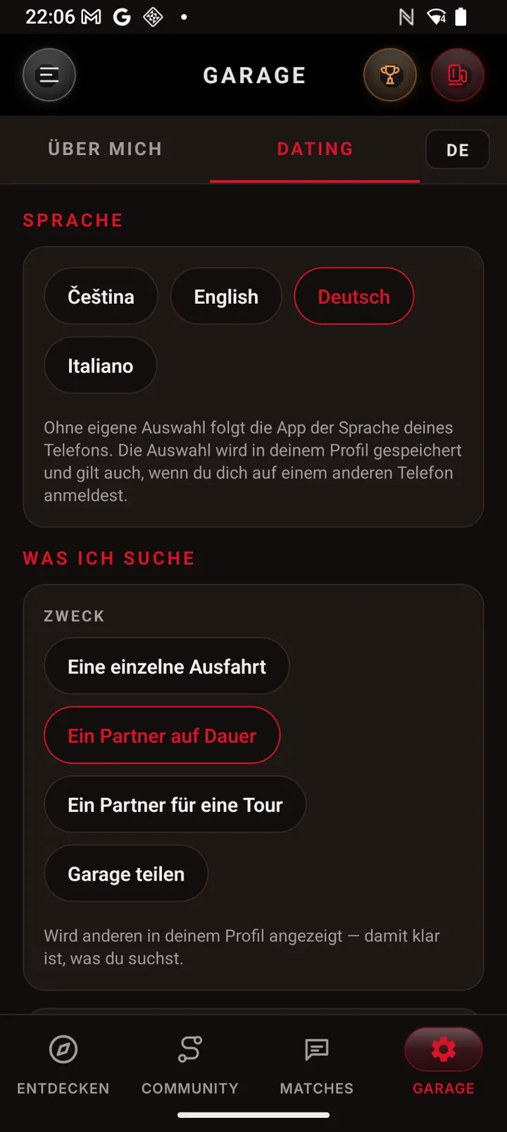 Dating-Einstellungen