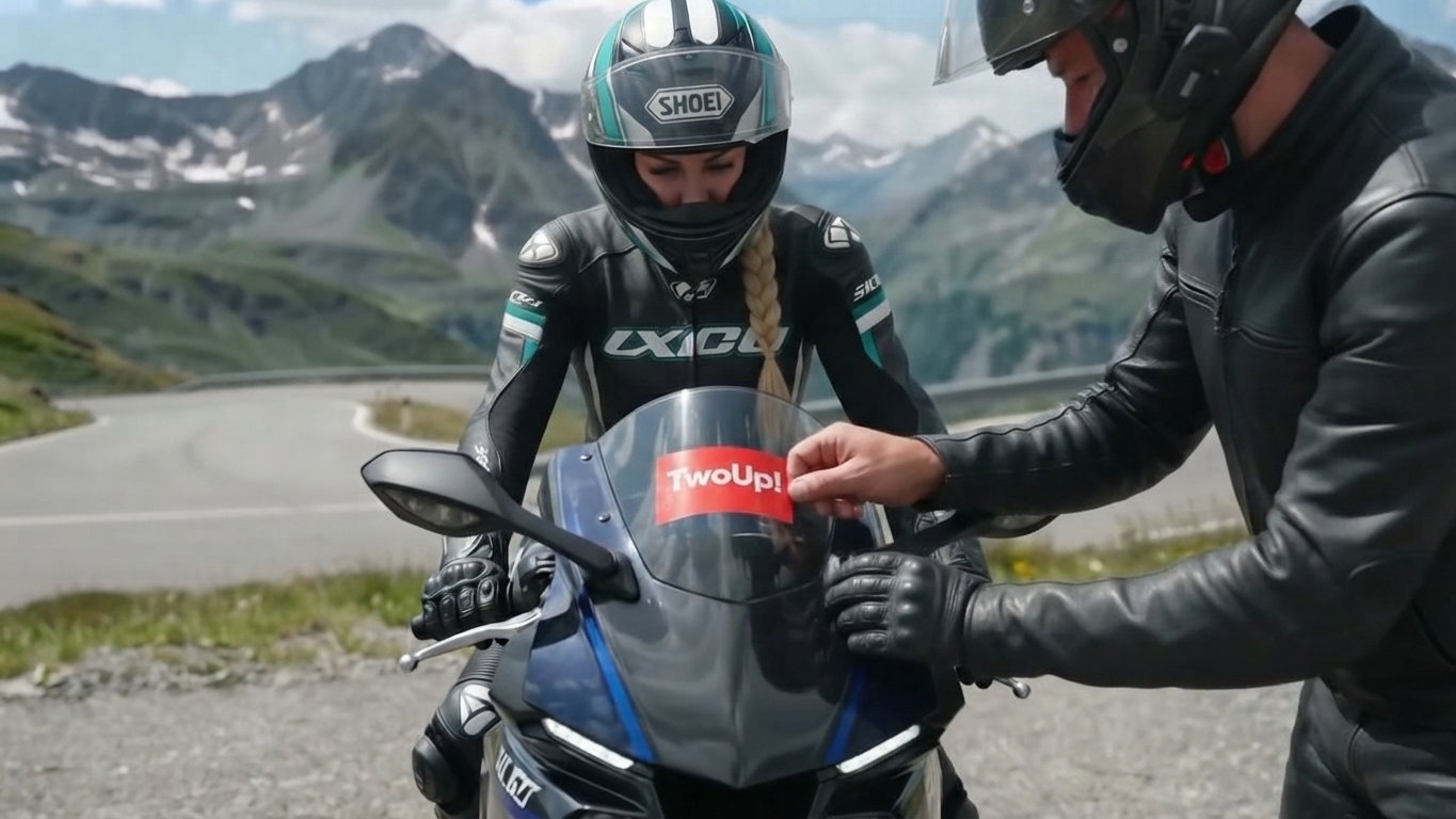 Two riders on a mountain road putting a TwoUp! sticker on a windscreen
